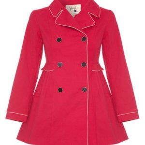 Yumi red trench coat with scalloping and piping